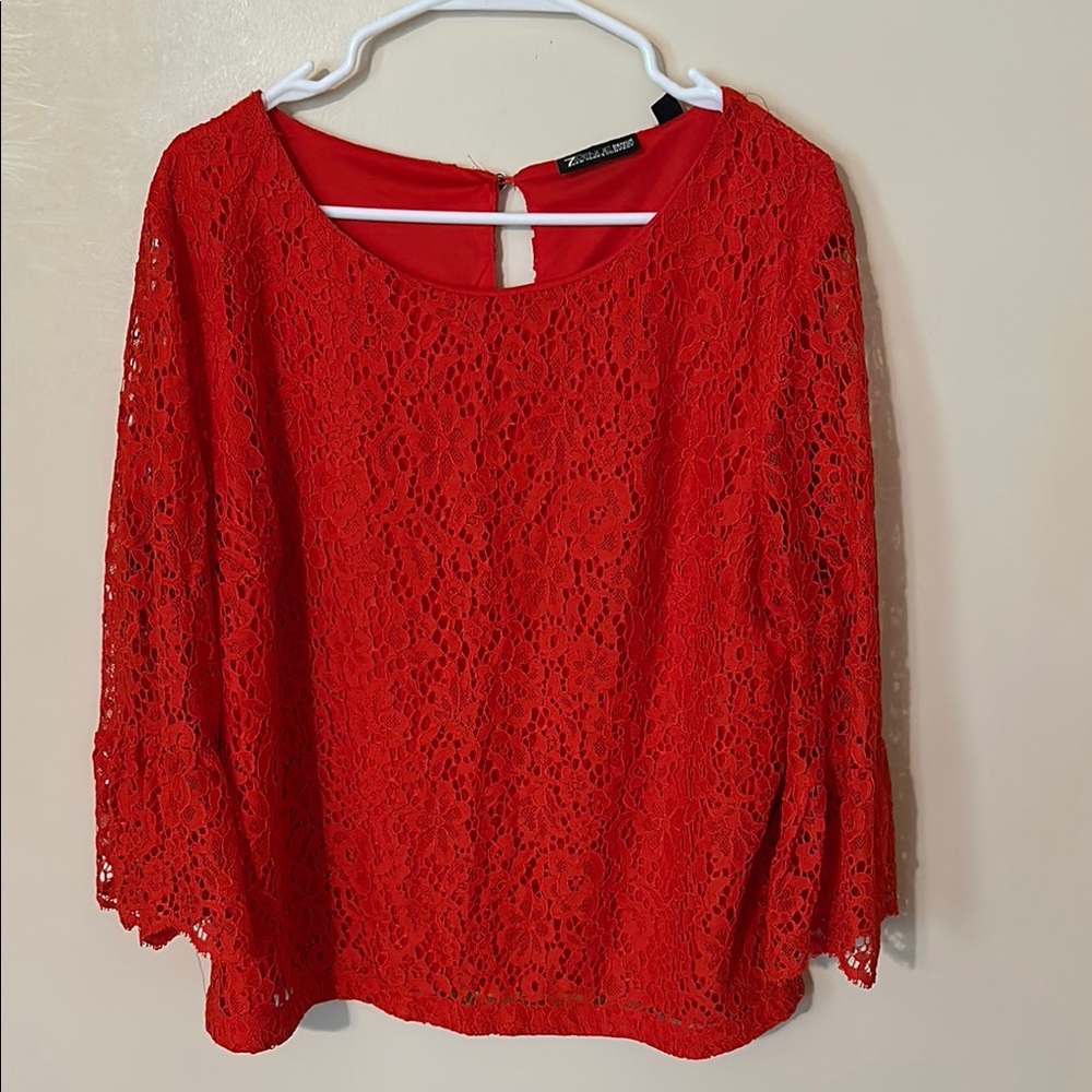7th Avenue Women's Large Blouse Red Floral Lace Lined 3/4 Flared Sleeve size XL